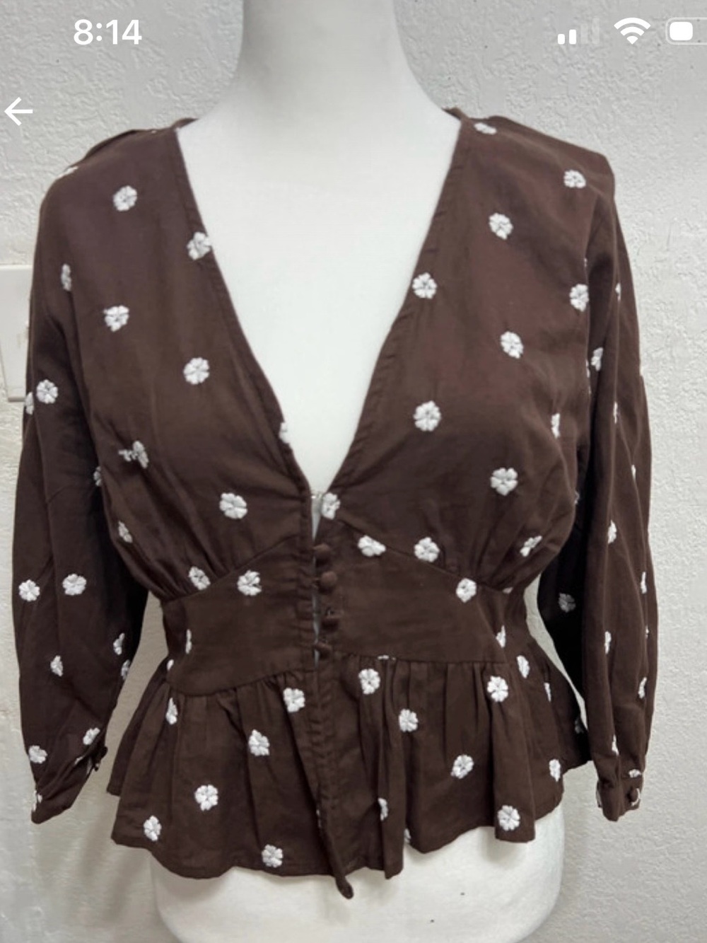 Brown Embroidered Peplum Button-Front Blouse